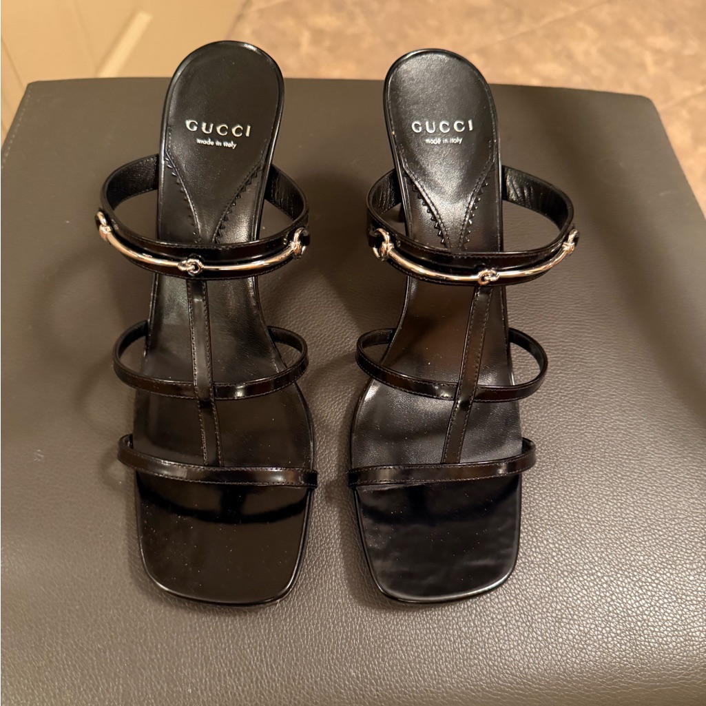 Gucci Black Patent Multi-Strap Heeled Sandals